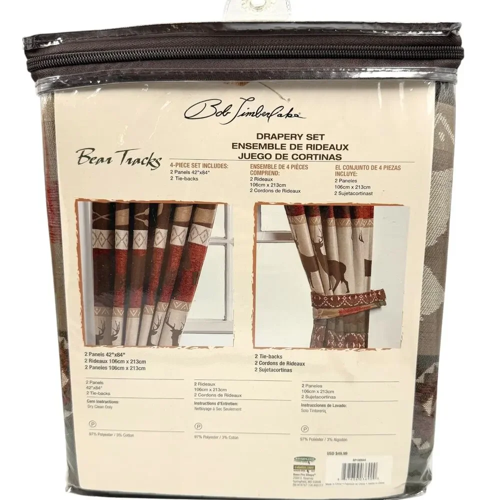 NWT Bob Timberlake Curtain Panel Set 2 Drapes Tiebacks Bear Tracks Lodge Vintage